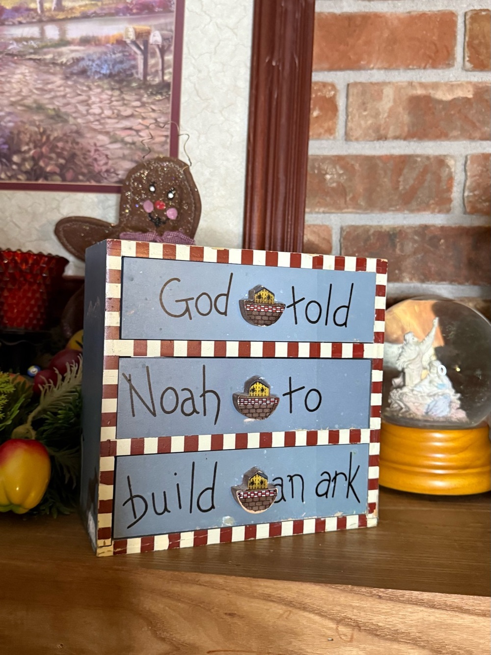 Vintage Hand-Painted Blue 'God Told Noah to Build an Ark' Solid Wood Drawer Box